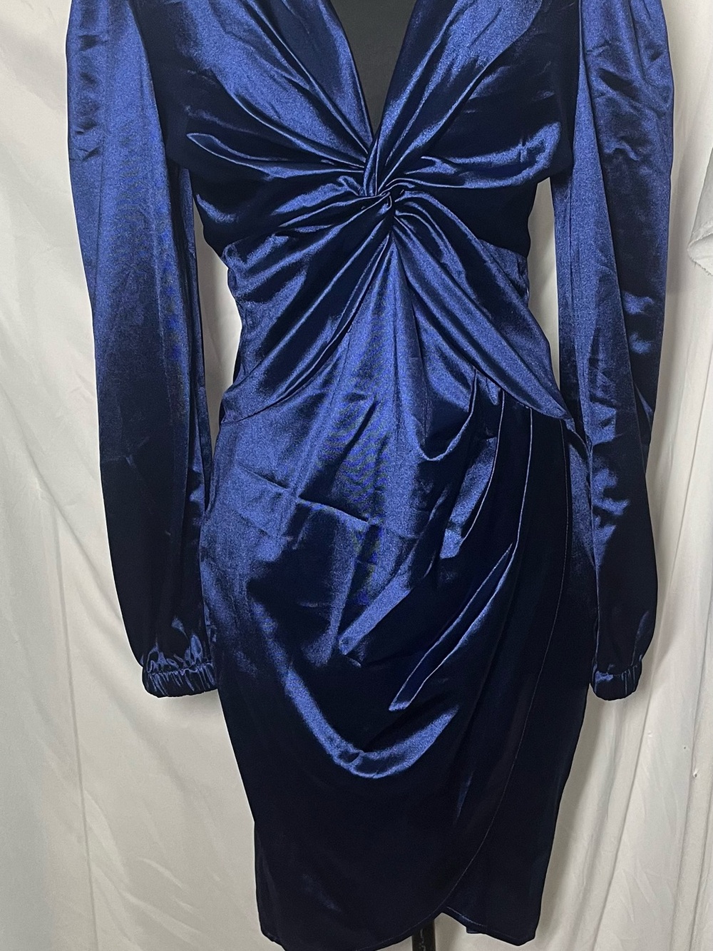 Twist-Front Satin Long Sleeve Dress - Deep Navy